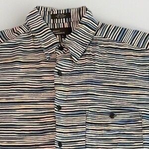 Marc Edwards Silk Button Down Shirt Mens‎ Large Blue Yellow Striped Short Sleeve
